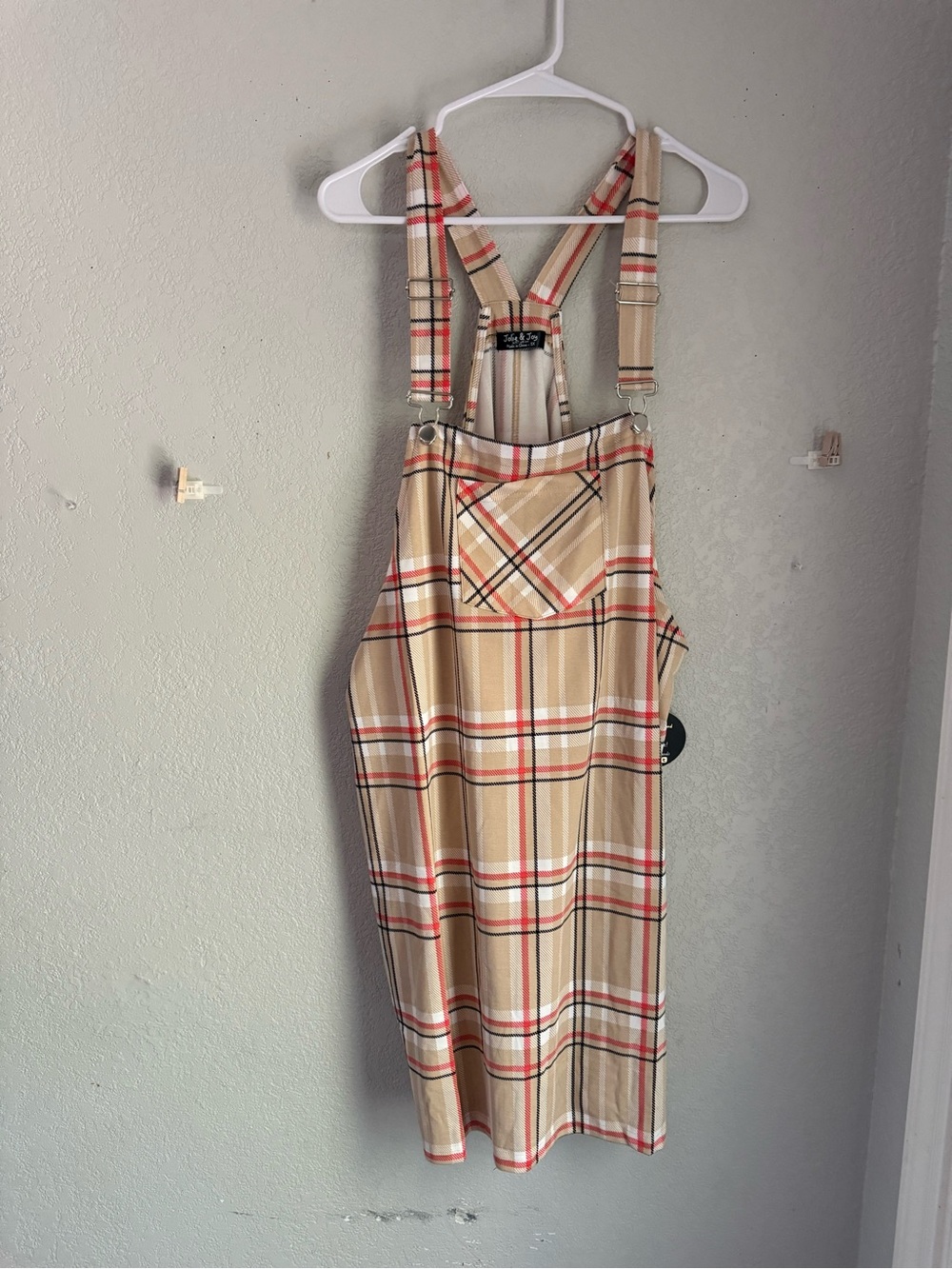 Jolie & Joy 2X NWT Plaid Overall Dress Tan Red Black Pinafore Jumper